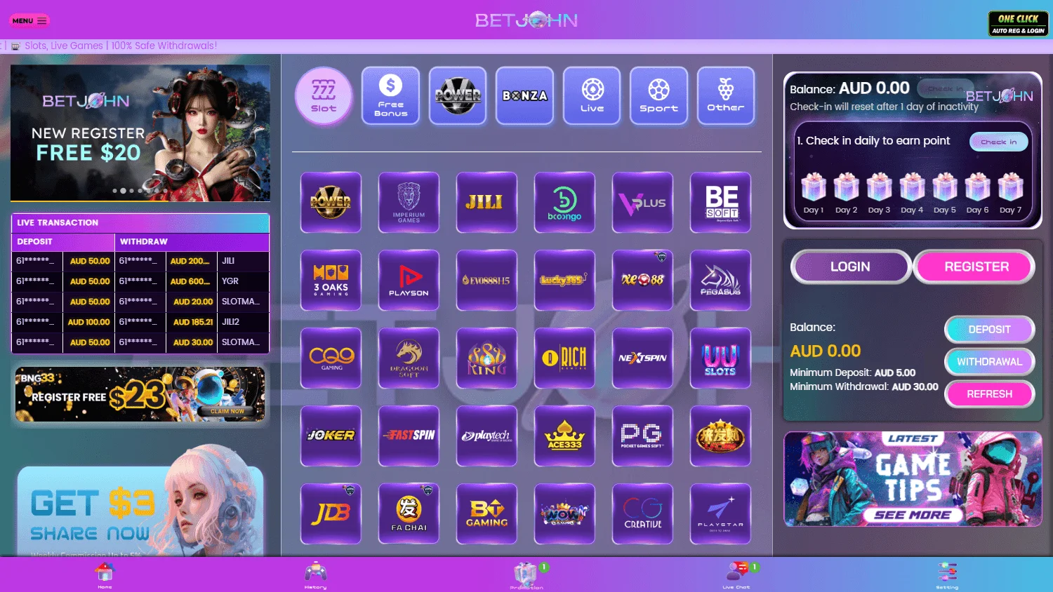 BetJohn Australia desktop home with AUD account access and casino features