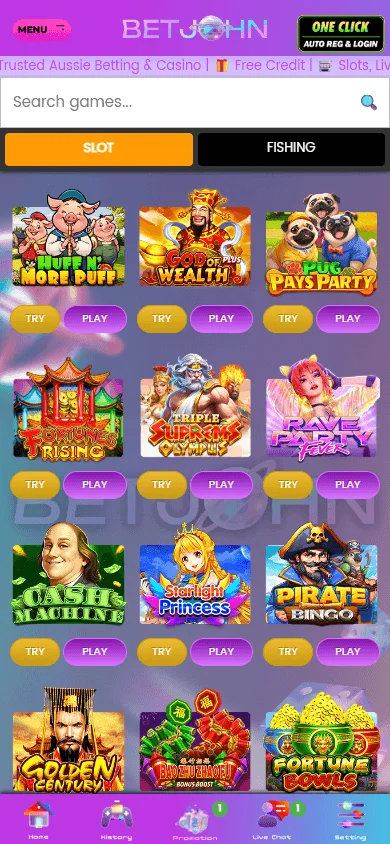 BetJohn Australia mobile games area with casino categories and titles