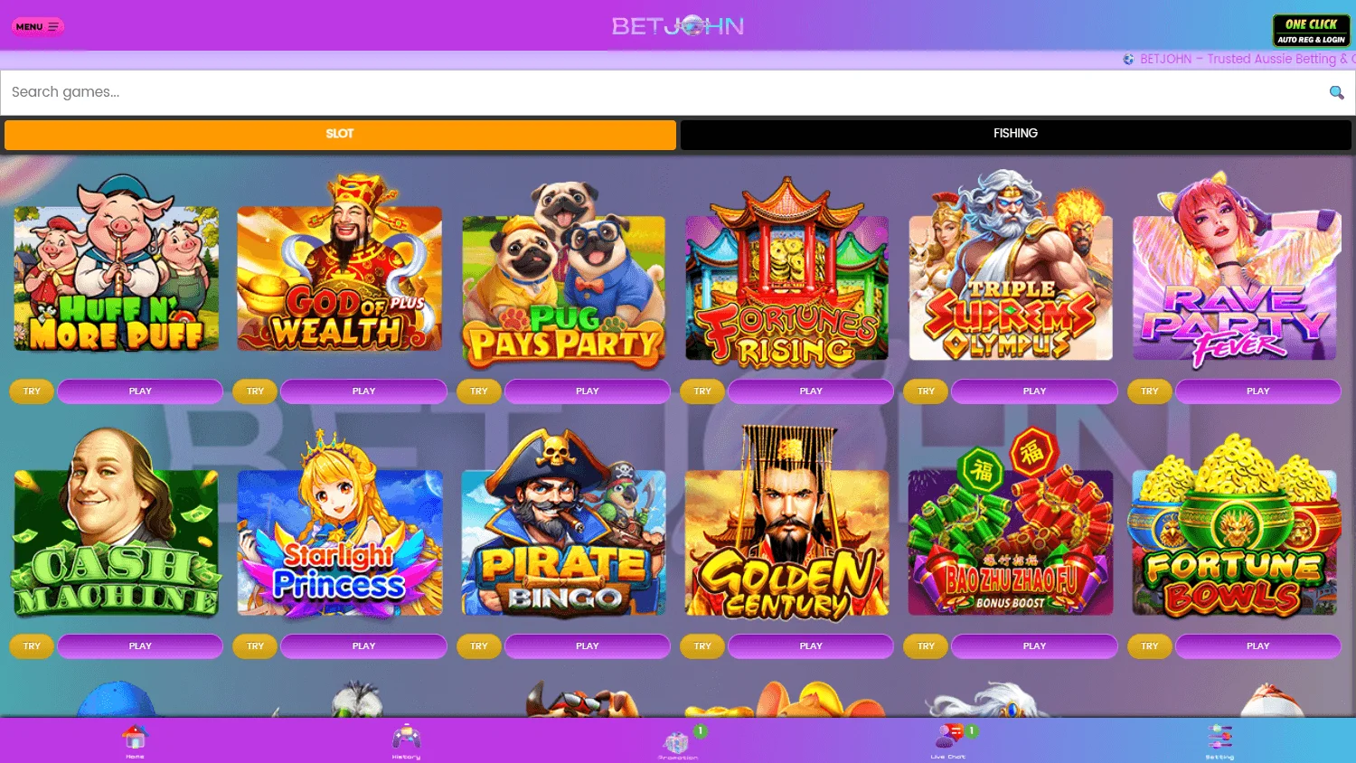 BetJohn Australia desktop games area with pokies, live casino and betting categories