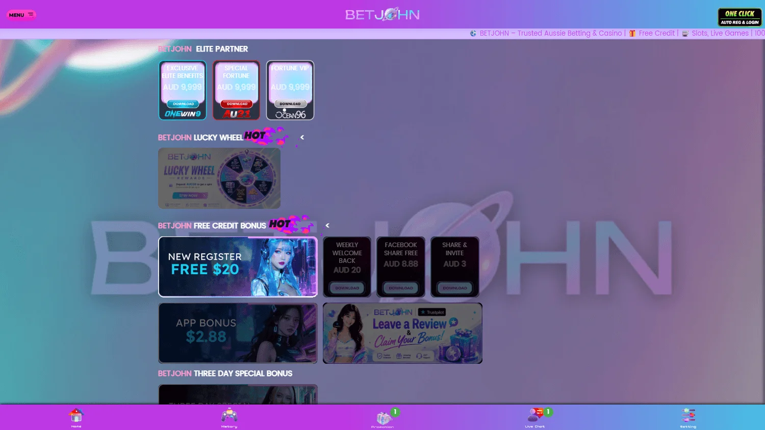 BetJohn Australia desktop promotions area with rewards and campaign features